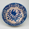 Large early 20th century Spanish Fajalauza lebrillo bowl with a rare hand painted heraldic falcon in deep cobalt blue, featuring an upright posture, predatory beak and stylised wing, surrounded by Andalusian vegetal scrolls and a fan-pattern border, ideal for Mediterranean decor, rustic home styling, cottage decor and ceramic wall art collectors.