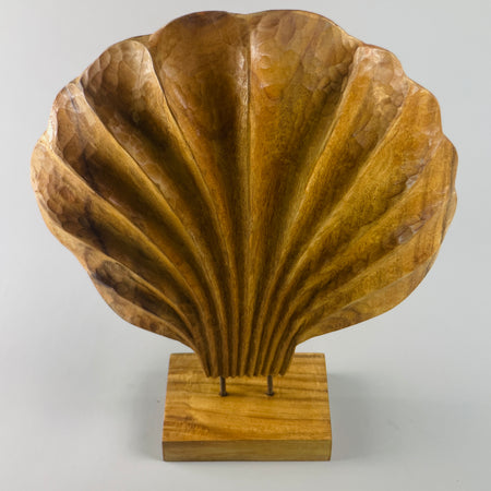Frontal view of the acacia wood shell sculpture, with its scallop-inspired form and natural finish highlighted. This coastal modern decorative object brings sculptural elegance and material honesty to minimalist and organic modern styled spaces.