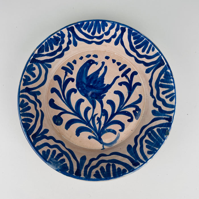 Antique Granada lebrillo with rare cobalt falcon motif, showing strong decorative presence for Mediterranean kitchens, rustic home decor, cottage decor, Japandi styling and collectors of early 20th century Spanish pottery.