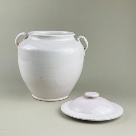 Large antique French ceramic storage vessel with domed lid, identified as a white confit pot from Martres Tolosane, circa late 1800s. Wheel-thrown with twin side handles and narrow base, suitable as a rustic decorative urn or Mediterranean kitchen storage jar.