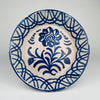 Antique Spanish Fajalauza lebrillo bowl, hand painted in cobalt blue with a central flower and geometric border, showing traditional Andalusian tin glaze from Granada, ideal for Rustic Home Decor, Cottage Decor, Coastal decor, French country decor, Mediterranean Decor, Japandi, and wabi sabi styling in vintage kitchens or farmhouse decor displays.