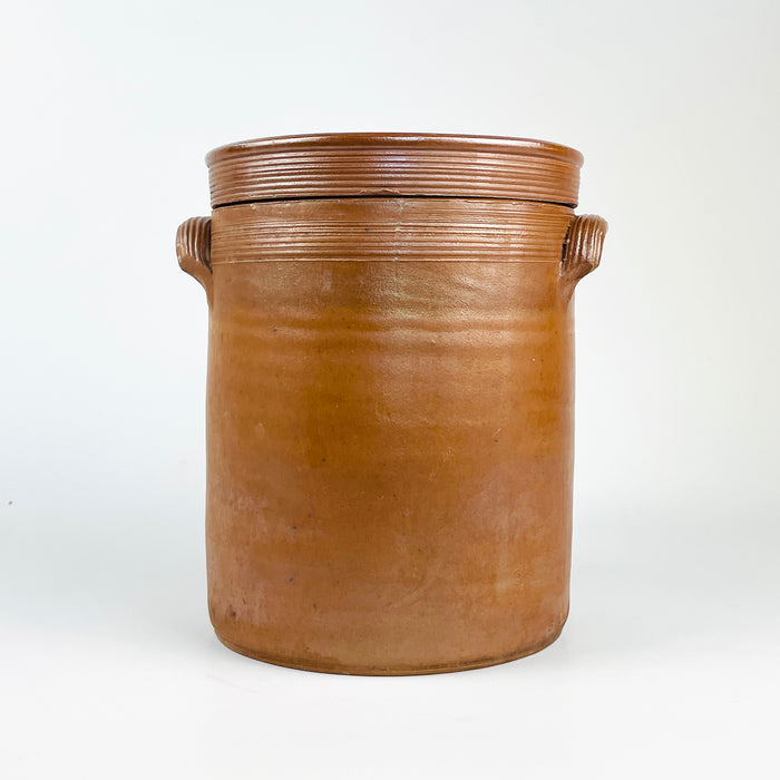Antique Terracotta French Confit Pot with Lid — Early 20th Century Stoneware Crock