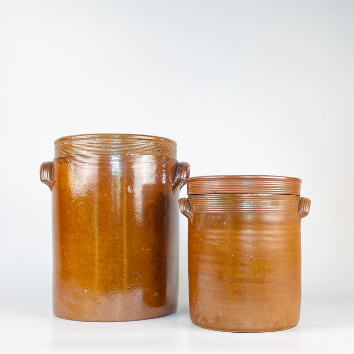 Antique Terracotta French Confit Pot with Lid — Early 20th Century Stoneware Crock