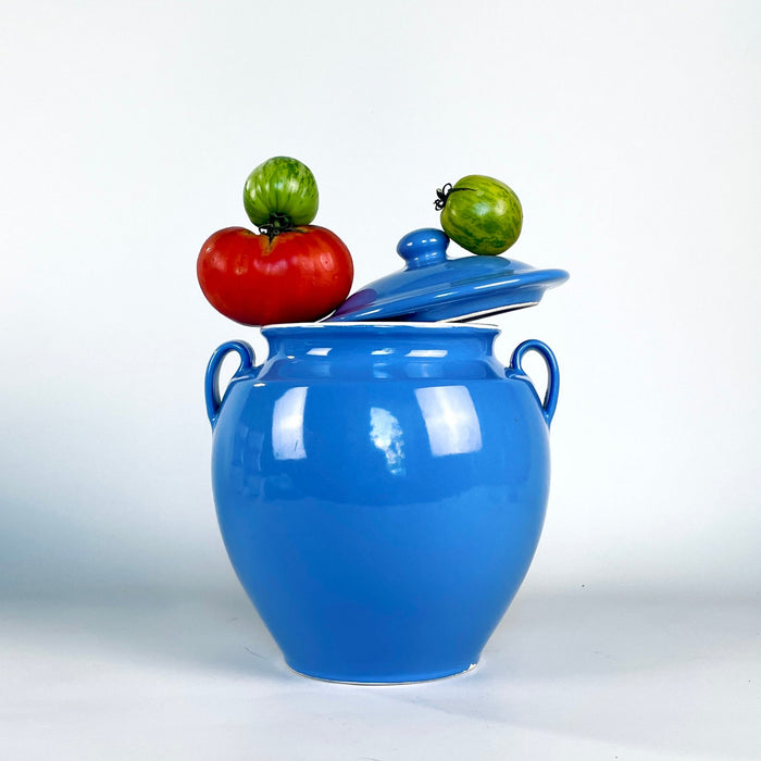 Vintage French faience confit pot with a fitted domed lid and rounded knob, finished in a luminous blue glaze over a full, softly tapering body. Twin handles flank the short neck, while subtle production irregularities connect this Martres Tolosane preserving jar to French provincial pottery and collected vintage home decor.