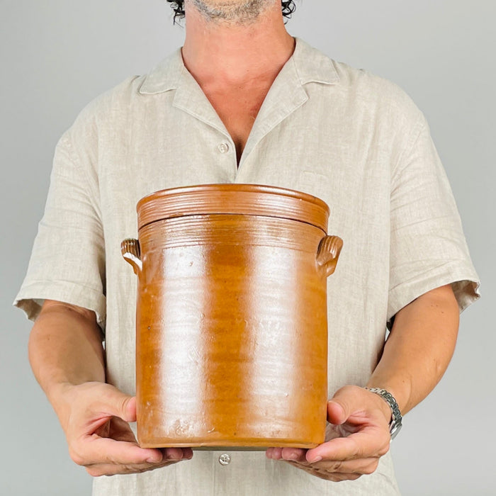 Antique Terracotta French Confit Pot with Lid — Early 20th Century Stoneware Crock