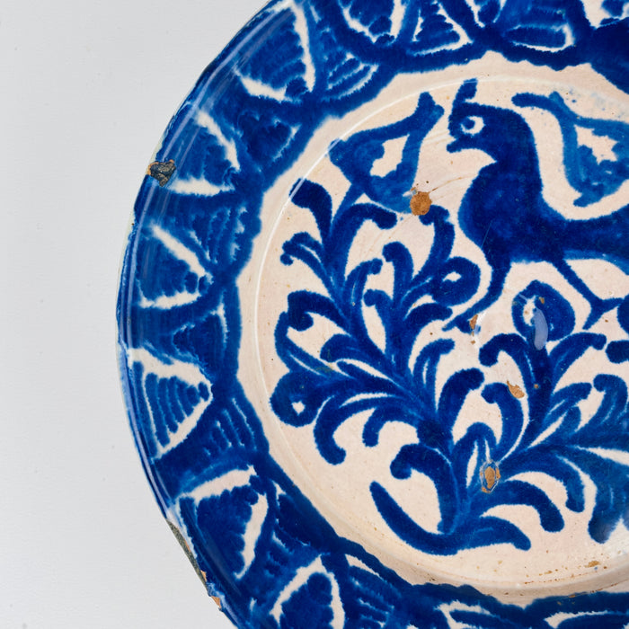 Angled interior view of a large antique Fajalauza bowl showing depth and curvature, appropriate for use as a table centerpiece or fruit and bread serving bowl. Its earthy glaze, patina, and handmade form resonate strongly with Rustic Home Decor, Wabi Sabi decor, and French Country Decor.