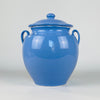 Antique French blue confit pot with its fitted domed lid, rounded finial, two loop handles and softly tapered faience body. Made in the Martres Tolosane pottery tradition during the early 20th century, this preserving jar is styled with blue and white ceramics as French country decor and vintage kitchen decor.