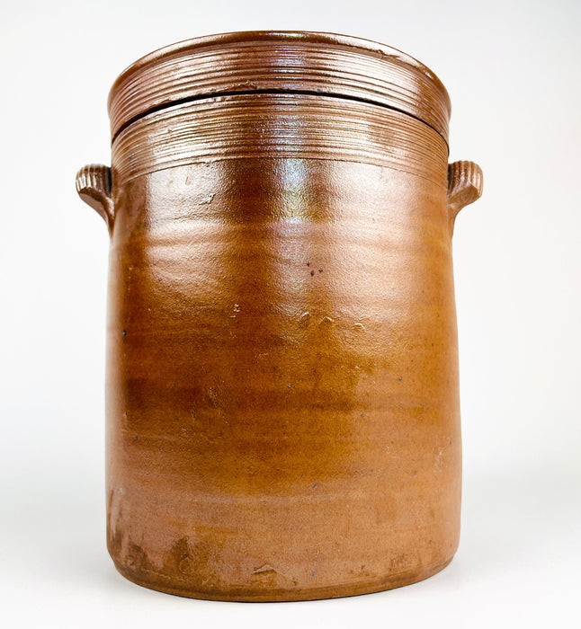Antique Terracotta French Confit Pot with Lid — Early 20th Century Stoneware Crock
