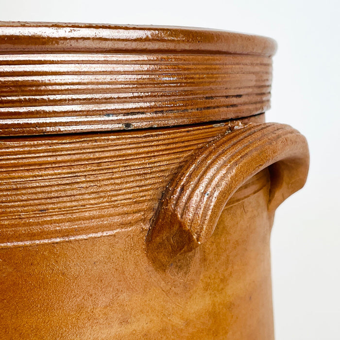 Antique Terracotta French Confit Pot with Lid — Early 20th Century Stoneware Crock
