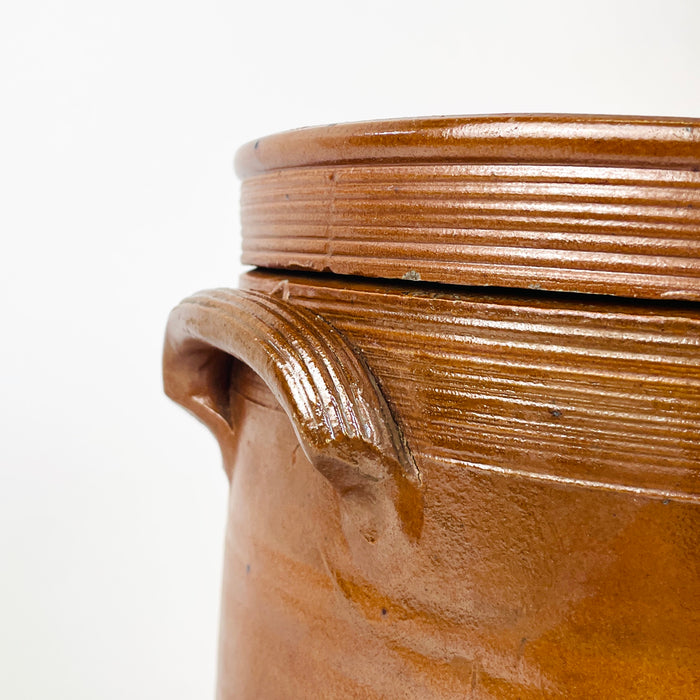 Antique Terracotta French Confit Pot with Lid — Early 20th Century Stoneware Crock