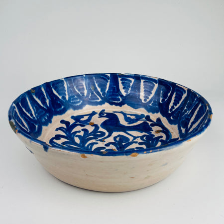 Detailed view of the foliate scrollwork inside a Spanish Fajalauza ceramic bowl, highlighting brush density and pigment pooling typical of 19th-century folk pottery. Whether used as wall hanging ceramic art or a decorative serving bowl, it suits Mediterranean Decor, Farmhouse Decor, and Coastal Decor environments.