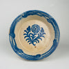 Antique Spanish lebrillo bowl in tin glazed terracotta with cobalt blue floral sprig design and a wide blue rim band. The deep profile supports serving olives, bread, and citrus for Spanish tapas tables, and the blue and white palette pairs well with Japandi decor, wabi sabi decor, farmhouse decor, and Mediterranean decor interiors.