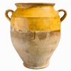 Antique French confit pot with ochre yellow glaze and unglazed terracotta base, 19th-20th century.
