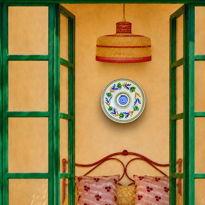 Antique Spanish ceramic wall plate with a Castilian remolino pattern, where green floral forms and cobalt leaf sprays turn around a concentric blue spiral. Ochre and black linear accents define the wreath and rim bands. Natural speckling, brush variation and glaze texture make the pottery suitable for wabi sabi wall art without obscuring its Spanish origin.