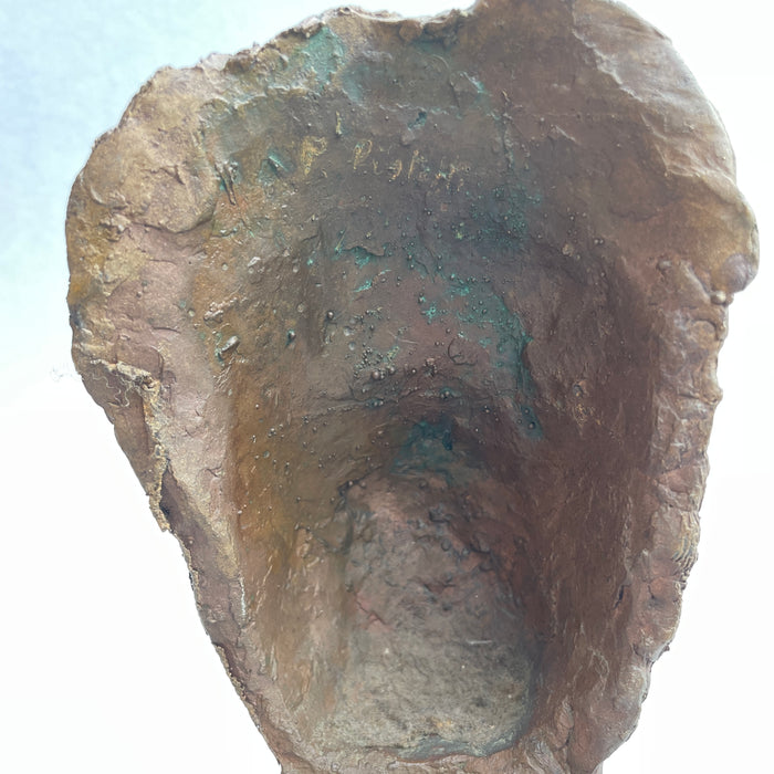Signed Italian modernist sculpture titled Maschera, featuring closed eyes and refined bronze facial detail on a solid marble base.