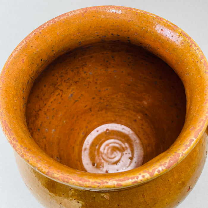 Rustic wabi-sabi French terracotta jar with twin loop handles and authentic antique patina, ideal for farmhouse styling.