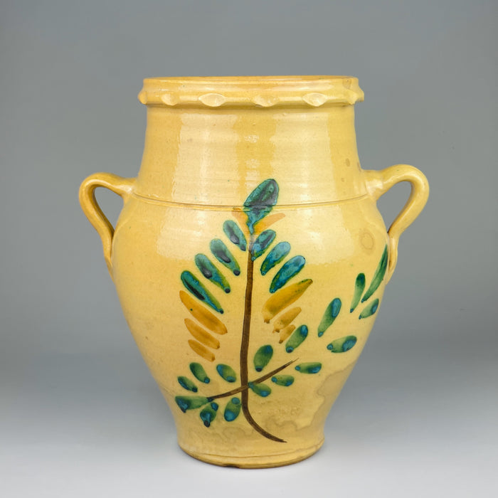 Antique Spanish orza decorative vasefrom Lucena, Córdoba, with yellow terracotta glaze and hand-painted green and brown foliate design, featuring two looped handles and a wide opening. A traditional Spanish storage vessel dating to the early 20th century.