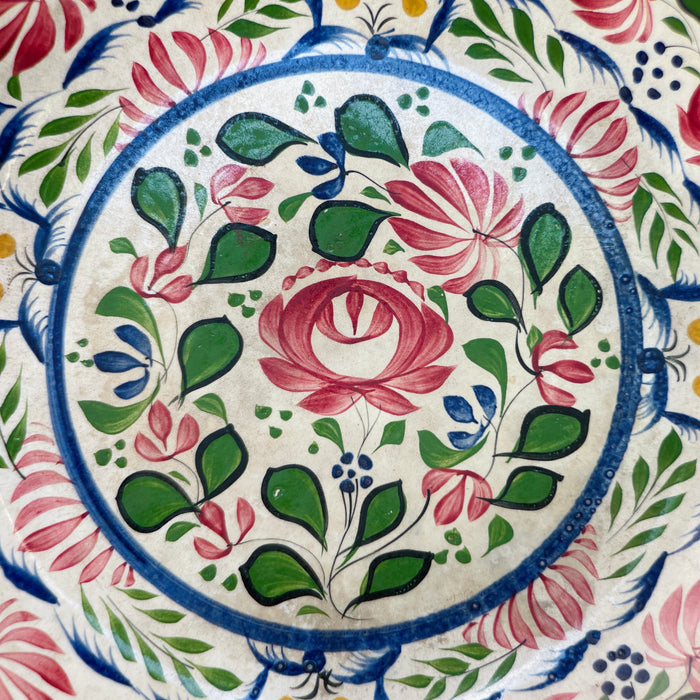 Large antique English platter, circa 1870–1890, with hand-painted floral pattern and bold decorative palette.