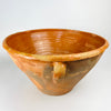 Large Spanish terracotta bowl with a deep conical profile, two opposing handles and a broad irregular lip, sourced in Cuenca and dated to the late 18th century. The exterior combines warm orange clay with grey-green patina, glaze traces and worn patches, creating a sculptural antique pottery vessel for farmhouse, rustic or Mediterranean decor.