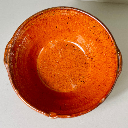 Overhead shot of the antique French mixing bowl, showcasing its deep interior