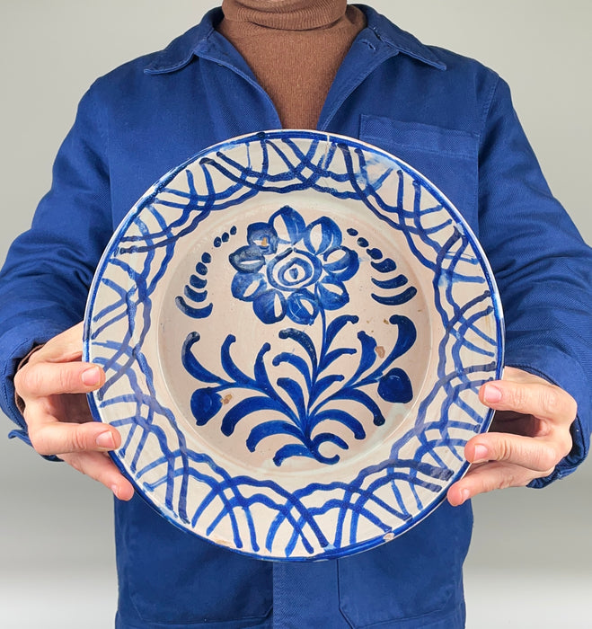 Large antique Fajalauza bowl with deep form and cobalt decoration, handmade in Granada, Spain during the 19th century, providing Rustic Home Decor impact, Mediterranean Decor depth, Cottage Decor character, Coastal decor expression, Japandi simplicity, wabi sabi ceramic texture and Vintage Kitchen authenticity in farmhouse decor.