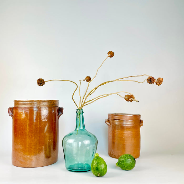 Large lidded French confit pot in brown glazed stoneware, with a straight cylindrical profile, matching round lid, applied ear handles, and tightly spaced horizontal ribbing around the upper section. The timeworn glaze and handmade irregularities preserve the character of an early 20th-century household storage crock suitable for cottage decor, farmhouse decor, or dried flower arrangements.