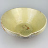Antique XL French terracotta tian bowl from Provence with a wide flared rim, deep tapered body, pale yellow glazed interior, and warm ochre unglazed exterior. Irregular pale glaze remnants around the outer rim and natural surface wear enhance the handmade provincial character, making the bowl a strong centerpiece for farmhouse decor or French country decor.