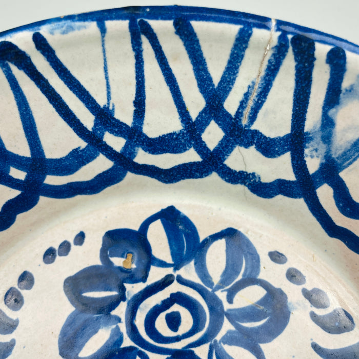 Antique cobalt blue Fajalauza ceramic bowl, handmade in Granada Spain, tin glazed with floral centre, ideal for Coastal decor, Rustic Home Decor, Cottage Decor, Japandi, wabi sabi, Mediterranean Decor, French country decor and Vintage Kitchen styling as a large wall mounted decorative ceramic accent in farmhouse decor.
