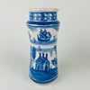 Spanish faience apothecary jar with nautical galleon motif in cobalt blue on white tin glazed ceramic, combining pharmacy jar form with maritime imagery. Decorative borders, banner text, and traditional blue and white palette suit coastal decor, Mediterranean decor, and cottage decor interiors.
