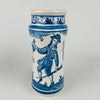 Spanish albarello apothecary jar in white faience with cobalt blue decoration and prominent banner lettering, sized for impactful shelf styling. The pair complements Mediterranean decor kitchens, coastal decor dining rooms, and eclectic vintage home decor, functioning as ceramic containers for cooking utensils, paint brushes, or dried flowers. Condition includes minor chips and glaze wear consistent with age, and one jar has a visible base crack line.