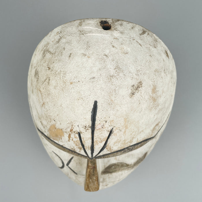 Tribal face art mask shown in full silhouette, hand-carved and coated in white pigment, representing ceremonial wall sculptures from Fang and Kwele cultures, used in wabi-sabi or cultural design interiors.
