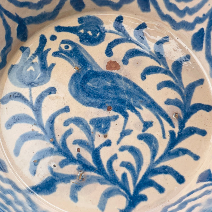 Vintage Fajalauza pottery basin with aged glaze and charming hand-painted folk art motifs.