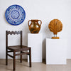 Large Fajalauza lebrillo bowl displaying its complete spiral composition of cobalt blue leaves, wavy border bands and central floral lattice over a creamy white glaze. The broad round form and original hanging holes create a versatile piece of Granada pottery for fruit or salad service, ceramic wall art, farmhouse decor or Mediterranean home decor.