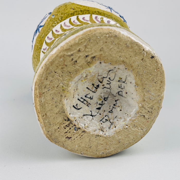 Underside of the Antique French Quimper vase, revealing a handwritten atelier signature confirming origin in the Quimper area. An authentic example of French modernism in rare studio pottery, suitable for rustic and mid century decor collectors.