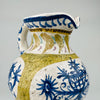 Side view of Vintage French Quimper vase featuring abstract blue brushwork and ochre glazing. A rare example of French modernism, combining regional faience heritage with mid century decor aesthetics ideal for rustic farmhouse decor or art pottery displays.