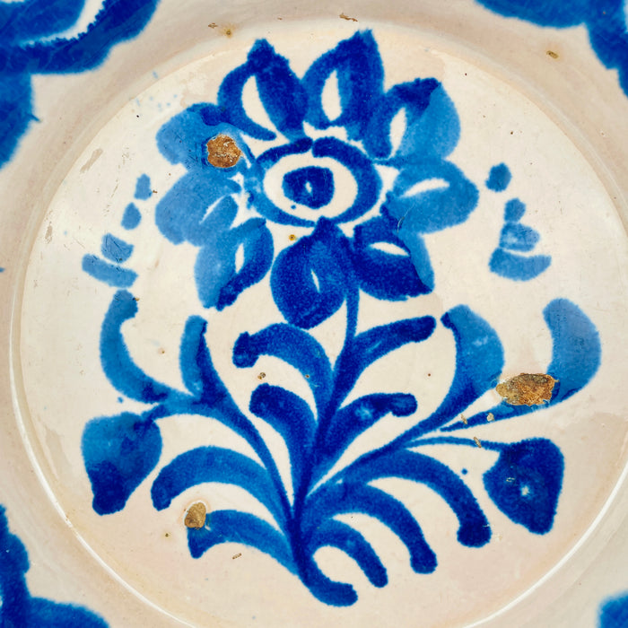 Antique cobalt blue Fajalauza ceramic bowl, handmade in Granada Spain, tin glazed with floral centre, ideal for Coastal decor, Rustic Home Decor, Cottage Decor, Japandi, wabi sabi, Mediterranean Decor, French country decor and Vintage Kitchen styling as a large wall mounted decorative ceramic accent in farmhouse decor.