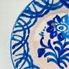 Hand painted Fajalauza bowl from Granada featuring cobalt floral decoration and geometric border patterns typical of 19th century Spanish tin-glazed ceramics, displaying natural irregularities and suitable for farmhouse decor, Cottage Decor, Rustic Home Decor, Mediterranean wall styling, wabi sabi, Japandi and Coastal decor inspiration.