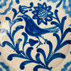 Vintage Granada Fajalauza serving bowl, tin glazed earthenware, hand painted in cobalt blue with a bird, rosette flower, and foliate scroll motif. The wide rim area is patterned with layered wave lines that echo traditional Andalusian brushwork. Works as salad bowl, tapas serving bowl, or decorative bowl centerpiece for farmhouse decor tables and Spanish pottery collectors.