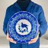 Vintage Blue and white Spanish Manises bowl from Valencia, tin glazed ceramic with hand painted cobalt bird motif and scrolling leaf branch. The border uses a classic Greek key pattern and rhythmic cobalt brush marks that read clearly on a tabletop, suitable as a decorative bowl, fruit bowl, or serving bowl for Mediterranean decor and vintage home decor.