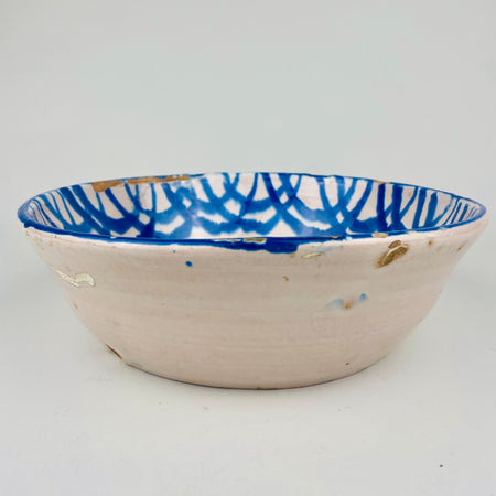 Large antique Andalusian ceramic lebrillo with pierced hanging holes, traditional Spanish cobalt blue brushwork, tin-glazed surface and visible hand painted variation, perfect for Vintage Home Decor, Mediterranean Decor, Coastal decor, Rustic Home Decor, Cottage Decor, wabi sabi collecting, Japandi interiors and Vintage Kitchen wall accents.