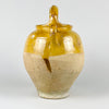 Rustic French pottery vase in the form of an antique terracotta gargoulette water jug, finished with yellow glaze across the top and raw beige clay across the lower body. The removable lid, side spout, and two handles show its original water vessel function, while the worn surface makes it suitable for French country and farmhouse decor.