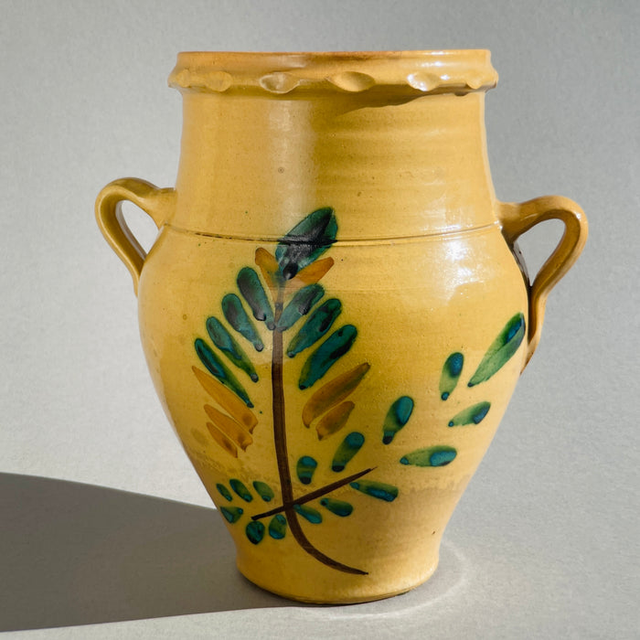 Olive branch Tree of Life hand-painted design on antique Andalusian orza, symbolizing rural culture and traditions of southern Spain pottery