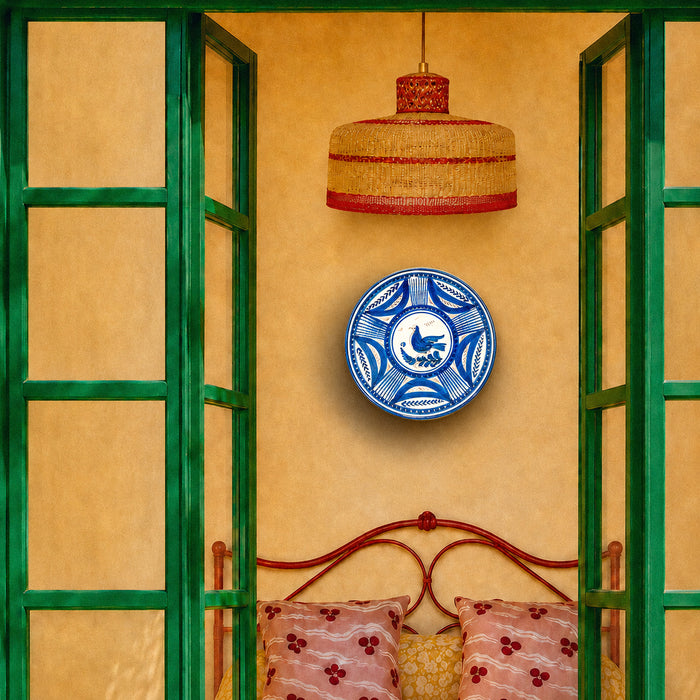 antique Spanish charger designed for hanging, with two holes integrated into the raised foot ring and a broad decorated face that reads clearly on a wall. The cobalt bird, botanical branch, radial leaves, and geometric sections make this Talavera majolica an effective centerpiece for gallery wall decor.